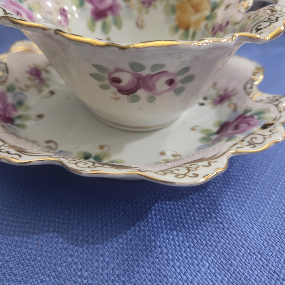 Antique Floral Boat And Dish Trimmed In Gold - Picture 3 of 7